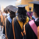 Rearview of the university graduates line up for degree award in university graduation ceremony. The...