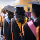 Rearview of the university graduates line up for degree award in university graduation ceremony. The...
