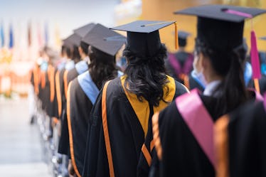 Rearview of the university graduates line up for degree award in university graduation ceremony. The...