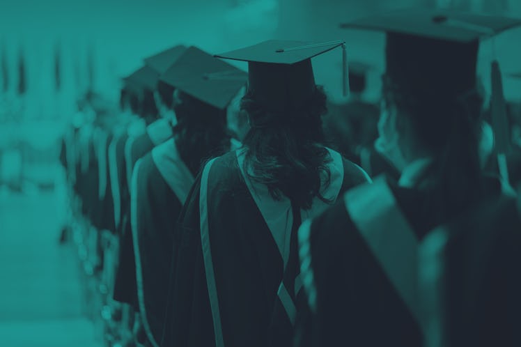 Rearview of the university graduates line up for degree award in university graduation ceremony. The...