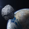 Dangerous asteroid approaching to planet Earth. Concept a potentially hazardous object (PHO). Stony-...