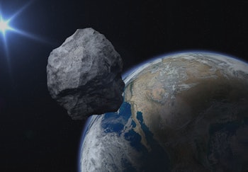 Dangerous asteroid approaching to planet Earth. Concept a potentially hazardous object (PHO). Stony-...