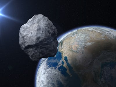 Dangerous asteroid approaching to planet Earth. Concept a potentially hazardous object (PHO). Stony-...