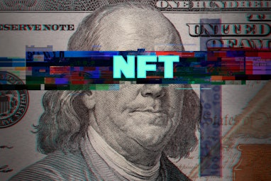 Abstract glitch with word NFT on 100 Dollar bill. Ideas for Crypto Art in the USA, US Dollar transfo...
