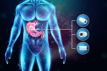 Hologram of an inflamed stomach in a human body and a mini camera, endoscopy procedure Digestive tra...
