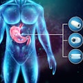 Hologram of an inflamed stomach in a human body and a mini camera, endoscopy procedure Digestive tra...