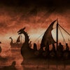 Fantasy landscape with northern warriors sailing on dragon boats on mysterious waters. Vikings on lo...