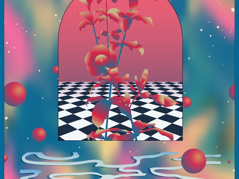 Space aesthetic vibe illustration, surreal scene with tropical flowers, technology from the past ins...