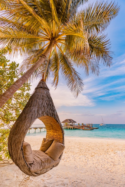 Tropical beach sunset as summer landscape with luxury resort beach palm swing hammock, sand seaside ...
