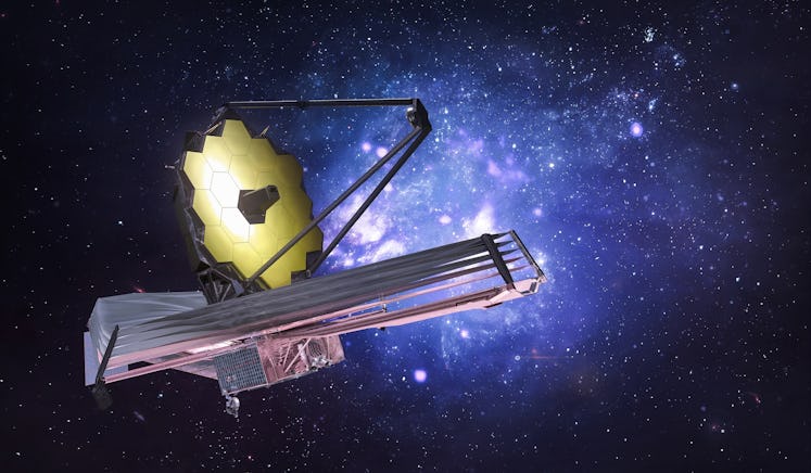 JWST in outer space. James Webb telescope far galaxy explore. Sci-fi space collage. Astronomy scienc...