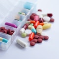 Pill box daily take a medicine, with colorful of pills, tablets, and capsules. Drugs use for treatme...