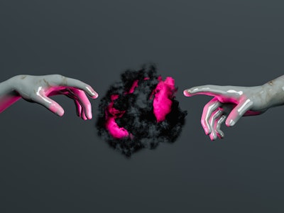dark matter nebula with pink shades between the hands of adam's creation in marble sculpture. concep...