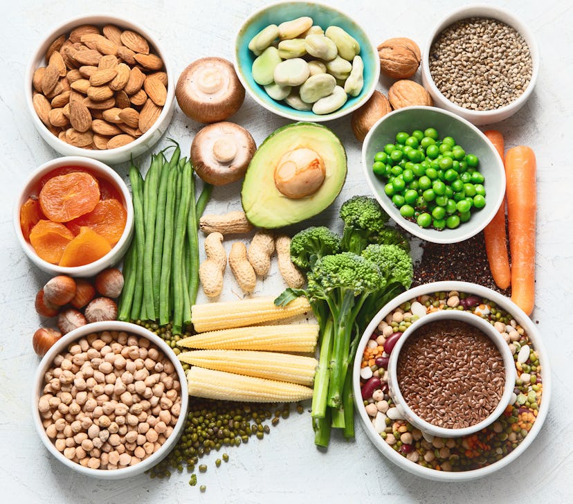 Plant based protein, including legumes, dried fruit, seeds, nuts and vegetables.