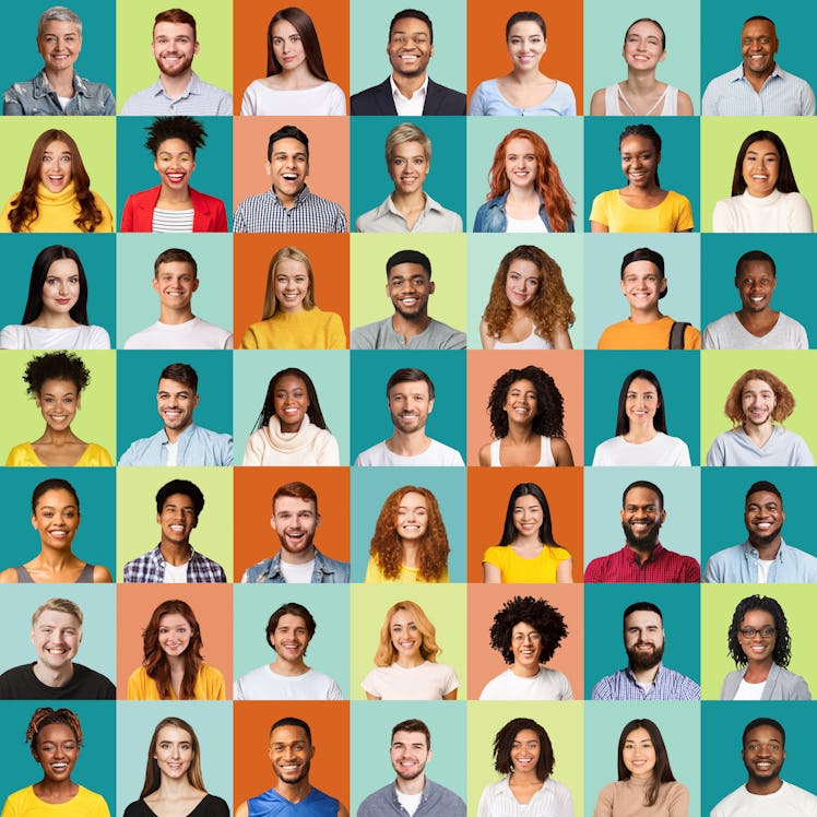 Set Of Multiethnic People's Faces On Colorful Backgrounds.