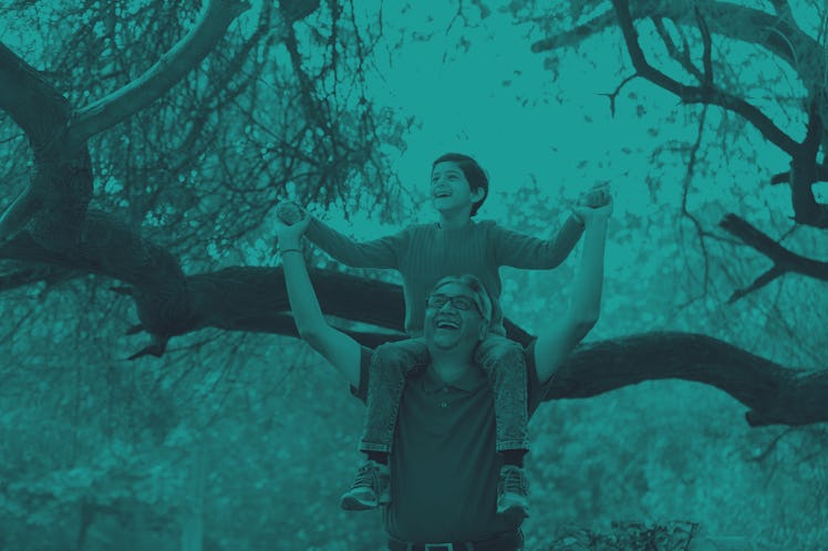 Happy grandfather carrying grandson on shoulders at park
