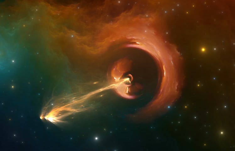 Black hole - event horizon and a powerful jet of plasma. 3d illustration