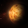 Realistic Venus Planet Amazing View on Outer dark Space. Venus 3d Orange Planet in Endless Starry un...