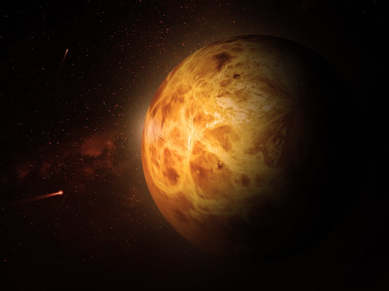 Realistic Venus Planet Amazing View on Outer dark Space. Venus 3d Orange Planet in Endless Starry un...