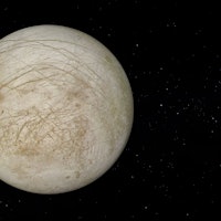 Jupiter's moon Europa with text space on the right. Realistic 3D render of Europa and stars. Europa ...