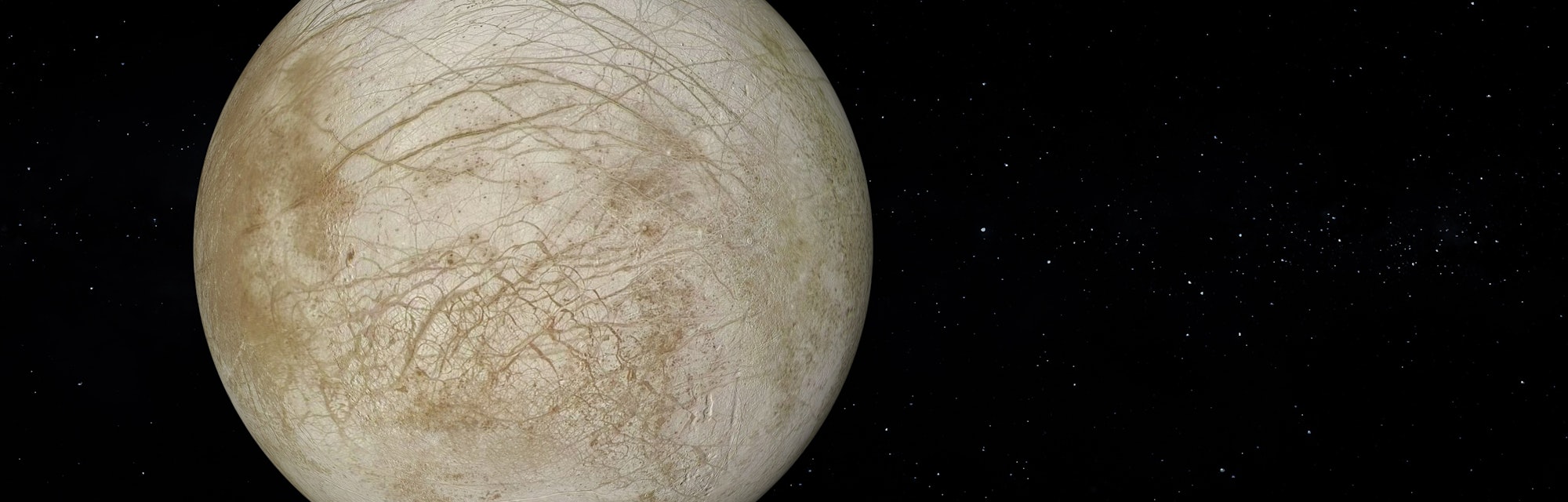 Jupiter's moon Europa with text space on the right. Realistic 3D render of Europa and stars. Europa ...