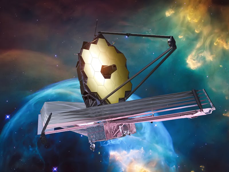 JWST in outer space. James Webb telescope far galaxy explore. Sci-fi space collage. Astronomy scienc...