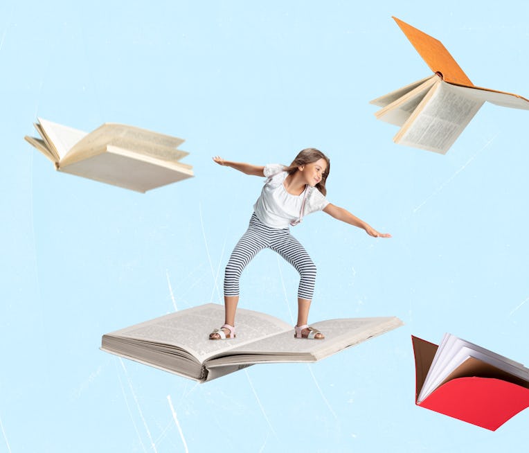 Contemporary art collage of little cheerful girl, child surfing on open book isolated over light blu...