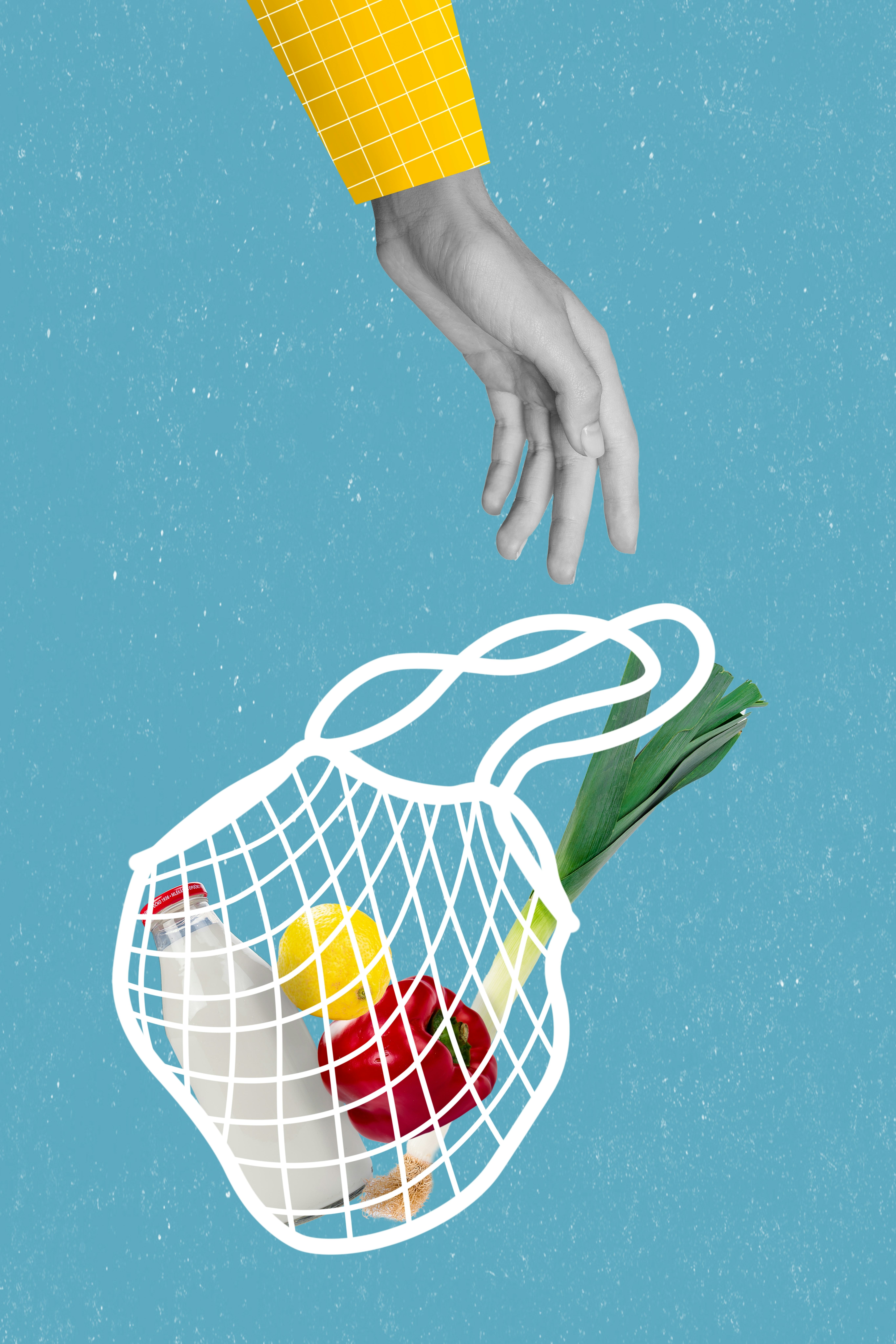 Vertical collage illustration of human arm black white colors catch hold drawing shopping net isolat...