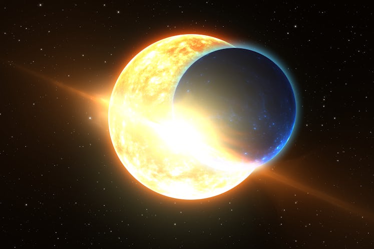 The exoplanet transit. Distant exoplanet passes between its star and Earth. 3D illustration