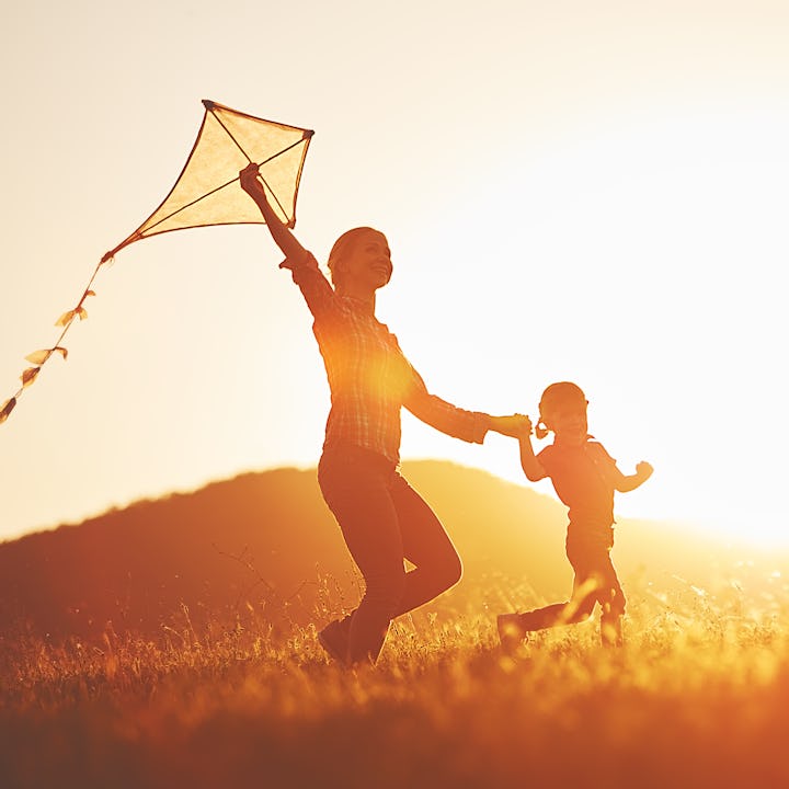 happy family mother and child run on meadow with a kite in the summer on the nature