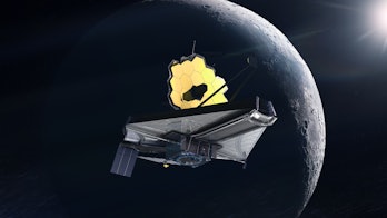 The James Webb telescope explores outer space on big Moon background. JWST launch art. Elements of t...