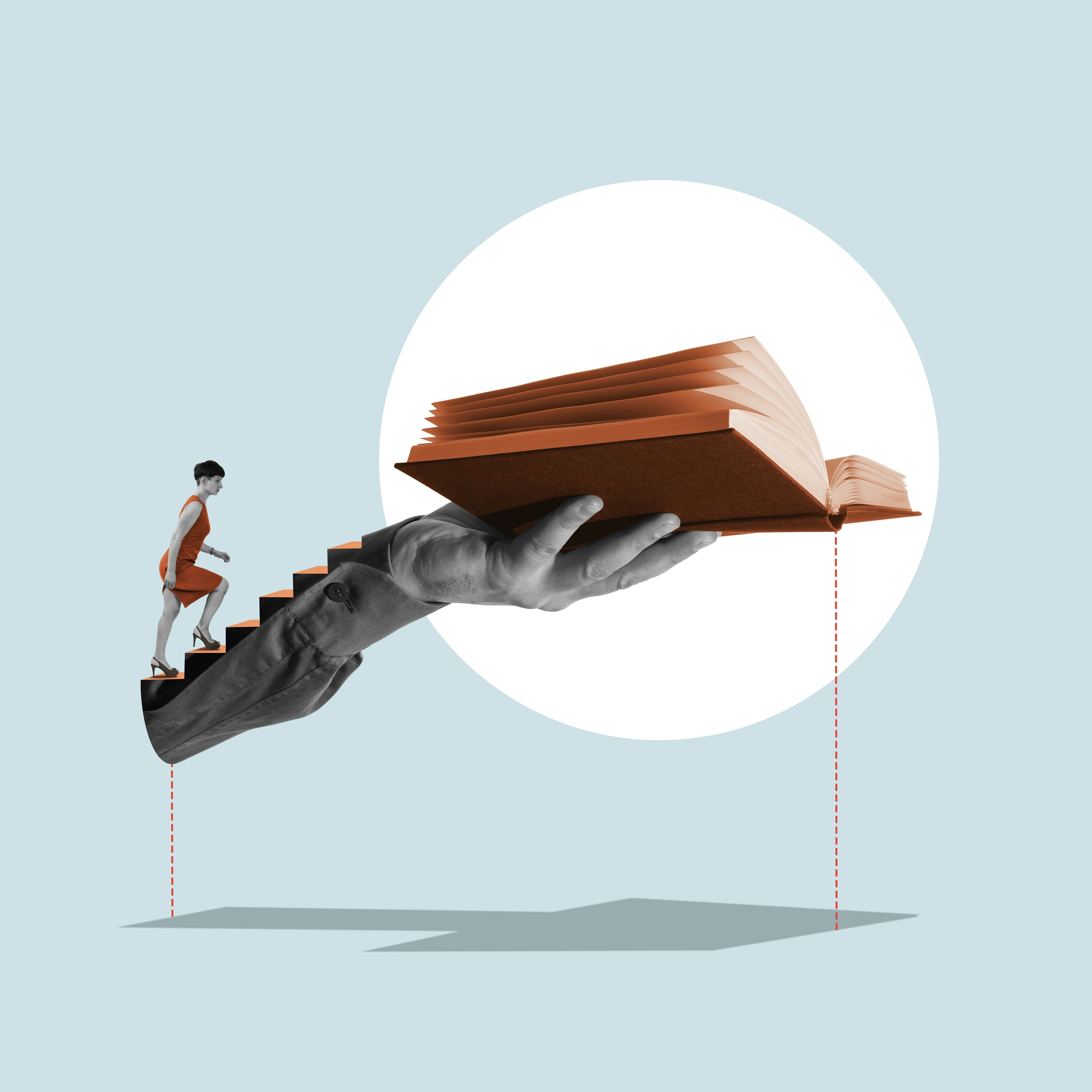 The girl climbs the stairs to the open book. Art collage.