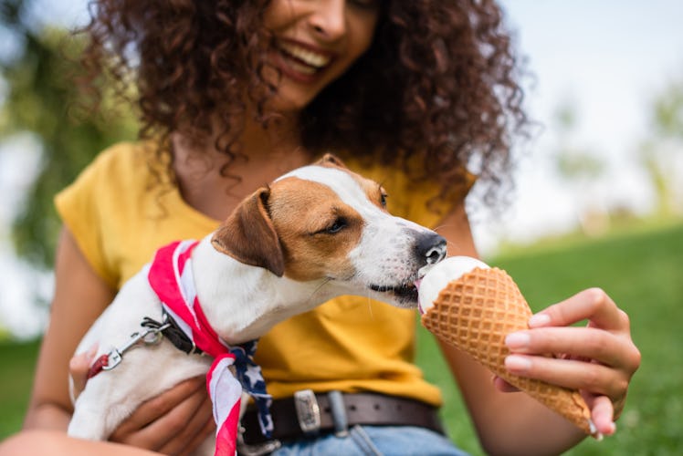 A woman feeds her dog ice cream and uses a 4th of July dog pun or 4th of July dog captions for her I...