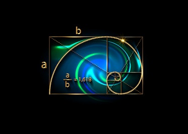 Golden ratio. Fibonacci Sequence number, golden section, divine proportion and shiny gold spiral, ge...