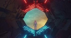 Futuristic spaceship with neon lights and an astronaut . Sci fi and fantasy concept . This is a 3d r...