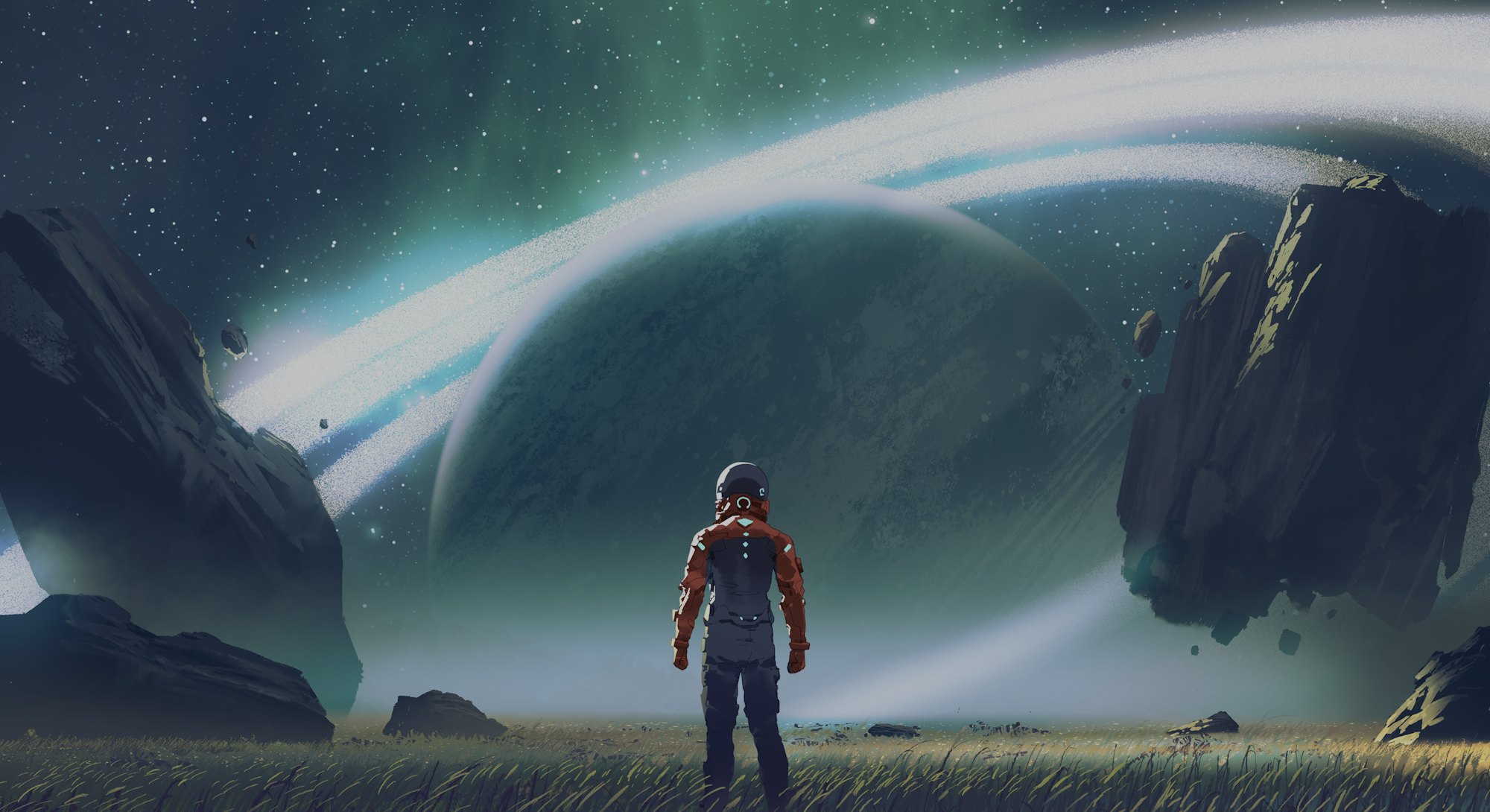 Sci-fi scene showing futuristic man standing in a field looking at the planet with giant rings, digi...
