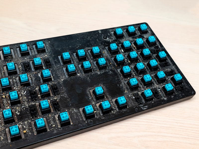 Dirty surface of a disassembled mechanical keyboard with blue switches. Dirt, hair and food particle...