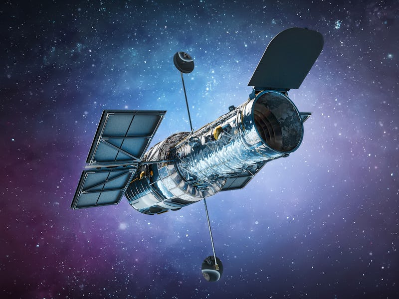 Space telescope Hubble in bright outer space. Milky way and galaxy with stars research. Elements of ...