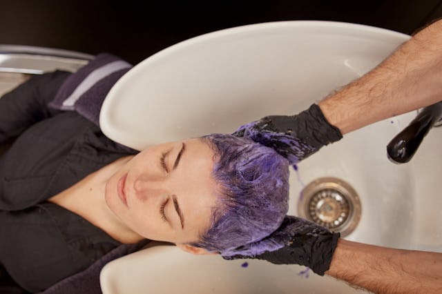 Shampoos to tone gray hair often have a purple hue.