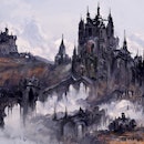 Digital painting of a fantasy castle in the clouds in a low key color scheme and gothic architecture...