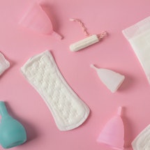 Different types of feminine menstrual hygiene materials products such as pads cloths tampons and cup...