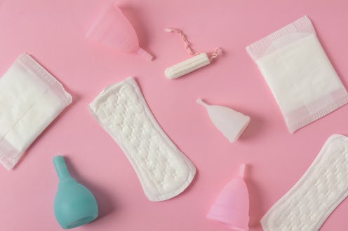 Different types of feminine menstrual hygiene materials products such as pads cloths tampons and cup...