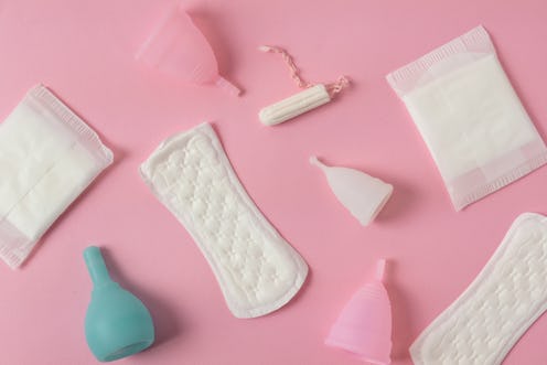 Different types of feminine menstrual hygiene materials products such as pads cloths tampons and cup...
