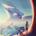 A futuristic vector illustration of a woman and robot looking outside the window that has the massiv...