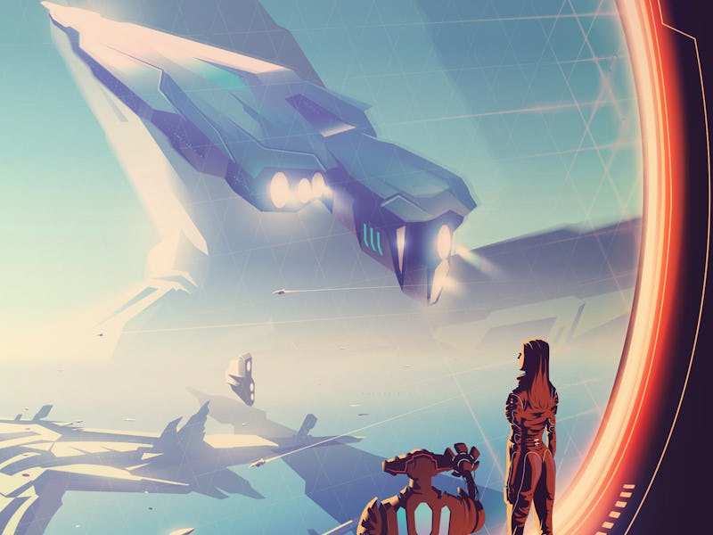 A futuristic vector illustration of a woman and robot looking outside the window that has the massiv...