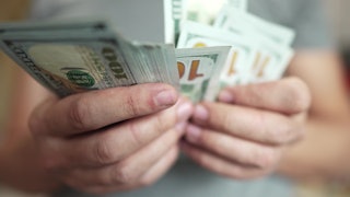 dollar money. bankrupt man counting money cash. business crisis finance dollar concept. close-up of ...
