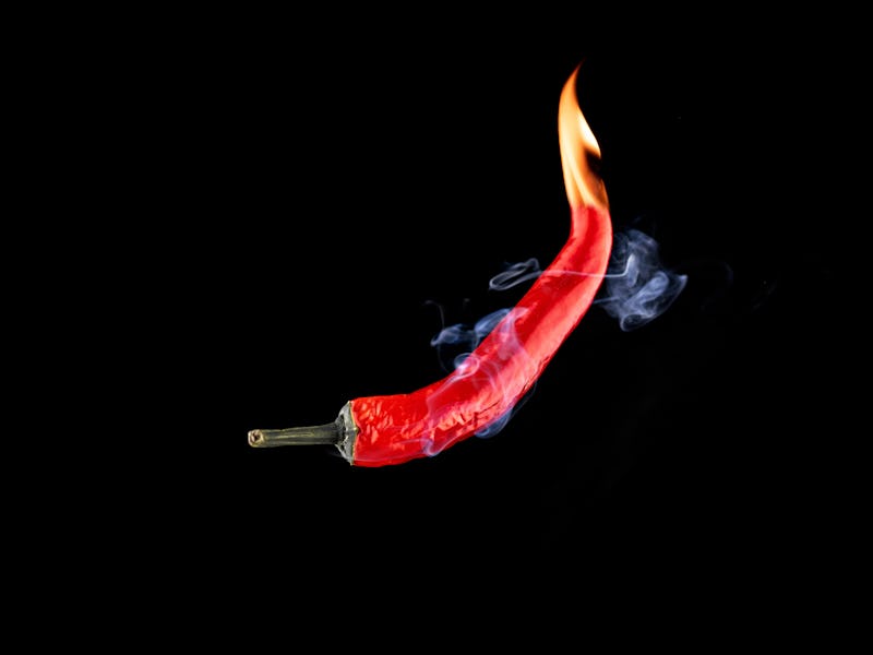 Chilli peppers isolated. Spicy chile cayenne pepper with abstract fog or steam mist cloud. Red hot c...