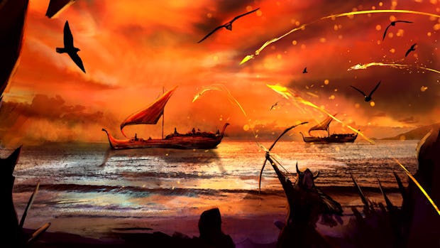 Vikings shoot fiery arrows from bows at dragon boats floating on the water on red sails in the sunse...