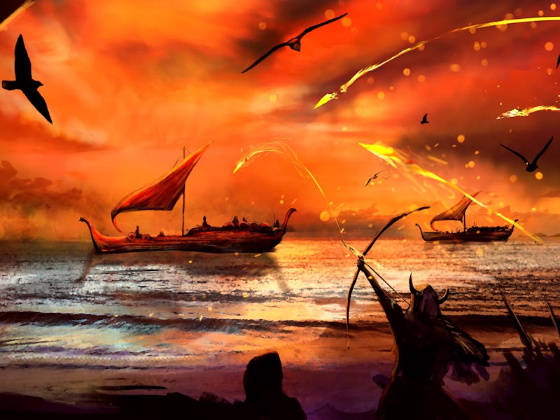 Vikings shoot fiery arrows from bows at dragon boats floating on the water on red sails in the sunse...