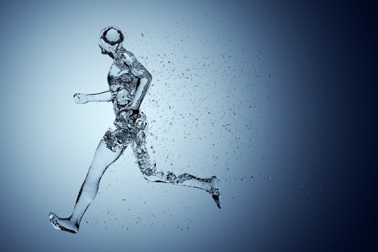 Human body shape of a running man filled with blue water on blue gradient background - sport or fitn...