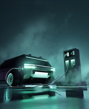 Futuristic looking electric car and charging station. e-car and substainable green energy and transp...